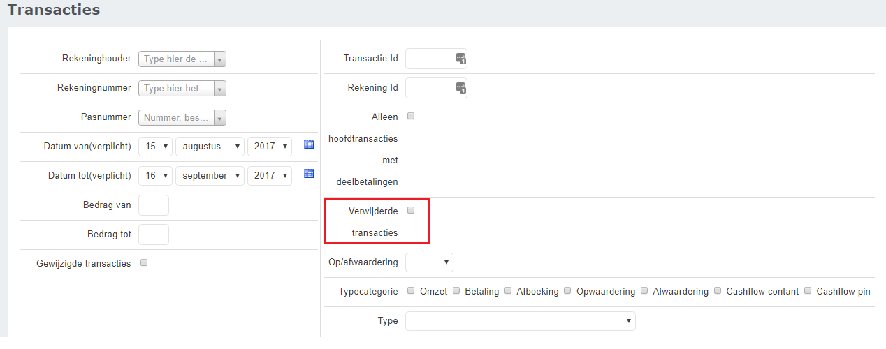 Schermafbeelding: filter Verwijderde transacties op de pagina Transacties